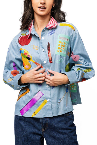 QOS Denim & Red Gingham Collar Teacher Icon Button Up Top - Boutique Bella BellaQueen of Sparkles