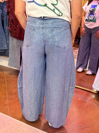 QOS Denim Rhinestone Barrel Jeans - Boutique Bella BellaQueen of Sparkles