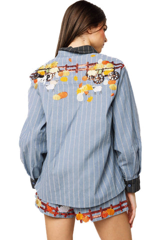 QOS Denim Striped Pumpkin Farm Button Up Collared Top - Boutique Bella BellaQueen of Sparkles