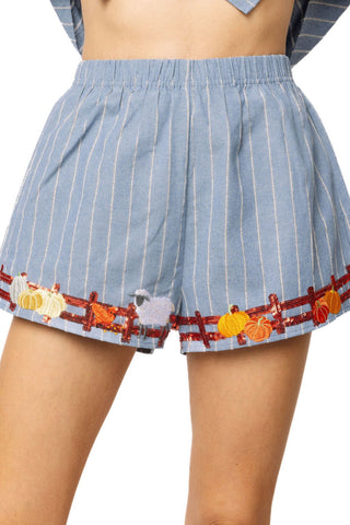 QOS Denim Striped Pumpkin Farm Short - Boutique Bella BellaQueen of Sparkles