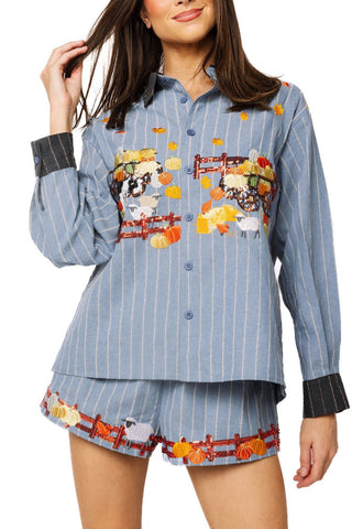 QOS Denim Striped Pumpkin Farm Short - Boutique Bella BellaQueen of Sparkles