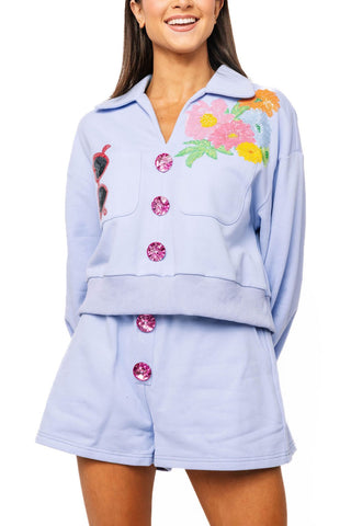 QOS Dusty Blue Jewel Button Flower & Sunglasses in Pocket Sweatshirt - Boutique Bella BellaQueen of Sparkles