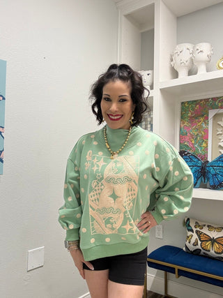 QOS Dusty Green Polka Dot QOS Logo Mock Neck Sweatshirt - Boutique Bella BellaSweatshirt
