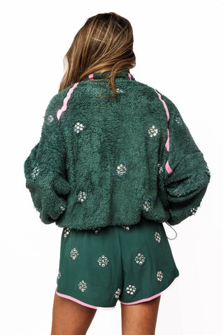 QOS Evergreen Charcoal & Pink Rhinestone Zip Up Fleece - Boutique Bella BellaQueen of Sparkles