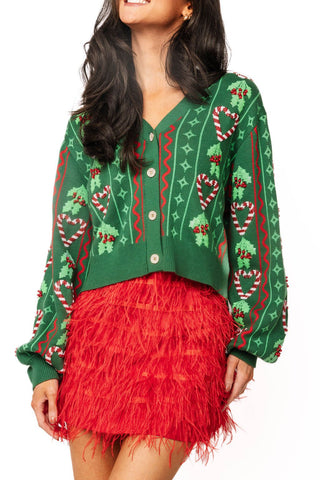 QOS Green 3D Holly & Peppermint Cardigan - Boutique Bella BellaQueen of Sparkles