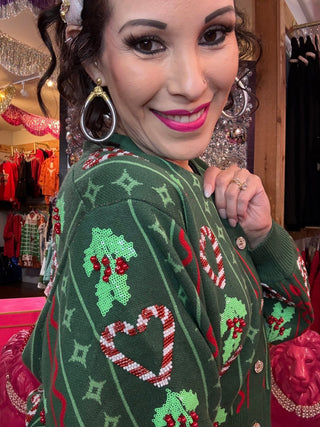 QOS Green 3D Holly & Peppermint Cardigan - Boutique Bella BellaQueen of Sparkles