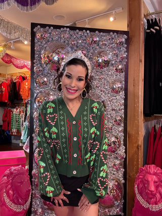 QOS Green 3D Holly & Peppermint Cardigan - Boutique Bella BellaQueen of Sparkles