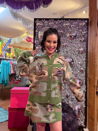 QOS Green Camo Ducks Flying Cardigan - Boutique Bella BellaQueen of Sparkles