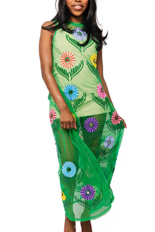 QOS Green Cinco Flowers Mesh Coverup Midi Dress - Boutique Bella BellaQueen of Sparkles