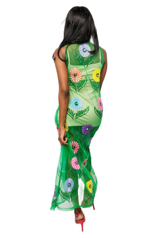 QOS Green Cinco Flowers Mesh Coverup Midi Dress - Boutique Bella BellaQueen of Sparkles