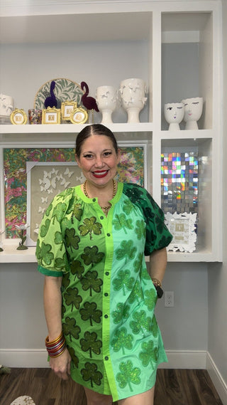 QOS Green Cotton Colorblock Rhinestone Shamrock Button Up Dress - Boutique Bella BellaQueen of Sparkles