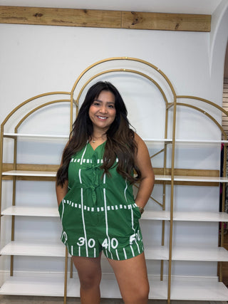 QOS Green Cotton Football Field Tie Cotton Romper - Boutique Bella BellaQueen of Sparkles