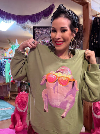 QOS Green FRIENDS™ Metallic & Sequin Turkey with Sunglasses Sweatshirt - Boutique Bella BellaQueen of Sparkles