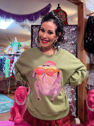 QOS Green FRIENDS™ Metallic & Sequin Turkey with Sunglasses Sweatshirt - Boutique Bella BellaQueen of Sparkles