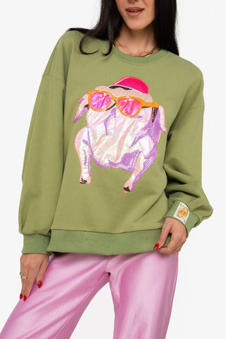 QOS Green FRIENDS™ Metallic & Sequin Turkey with Sunglasses Sweatshirt - Boutique Bella BellaQueen of Sparkles