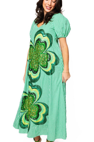 QOS Green Gingham Jeweled Shamrock Cotton Tie Back Midi Dress - Boutique Bella BellaDress
