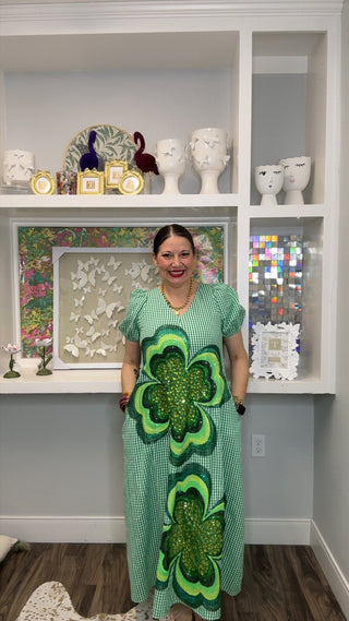 QOS Green Gingham Jeweled Shamrock Cotton Tie Back Midi Dress - Boutique Bella BellaDress