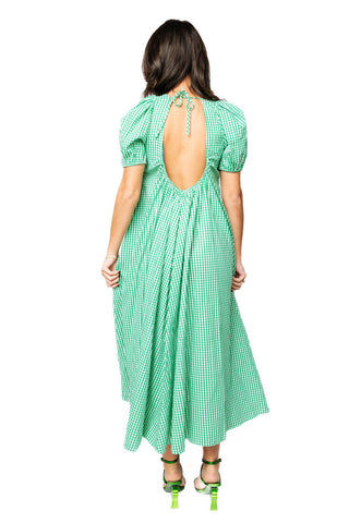 QOS Green Gingham Jeweled Shamrock Cotton Tie Back Midi Dress - Boutique Bella BellaDress