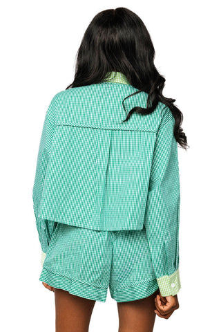 QOS Green Gingham Ruffle Jeweled Shamrock Cotton Button Up Top - Boutique Bella BellaTops