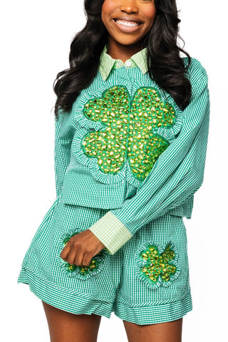QOS Green Gingham Ruffle Jeweled Shamrock Cotton Button Up Top - Boutique Bella BellaTops