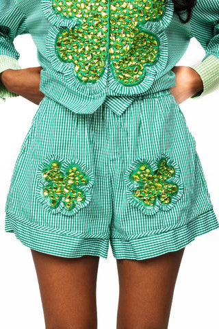 QOS Green Gingham Ruffle Jeweled Shamrock Shorts - Boutique Bella BellaShorts