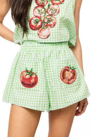 QOS Green Gingham Tomato Pocket Short - Boutique Bella BellaQueen of Sparkles