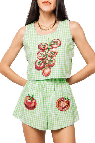 QOS Green Gingham Tomato Pocket Short - Boutique Bella BellaQueen of Sparkles