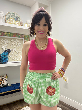QOS Green Gingham Tomato Pocket Short - Boutique Bella BellaQueen of Sparkles