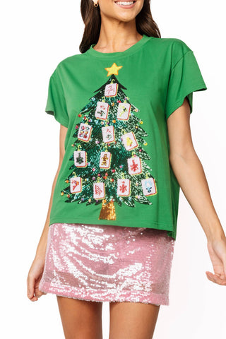 QOS Green Mahjong Tile Christmas Tree Tee - Boutique Bella BellaQueen of Sparkles