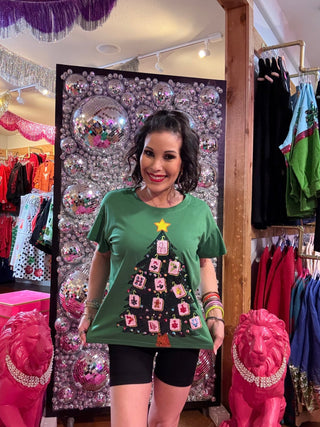 QOS Green Mahjong Tile Christmas Tree Tee - Boutique Bella BellaQueen of Sparkles
