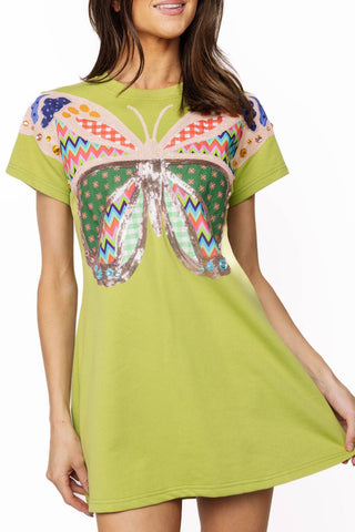 QOS Green Patchwork Butterfly Tee Dress - Boutique Bella BellaQueen of Sparkles