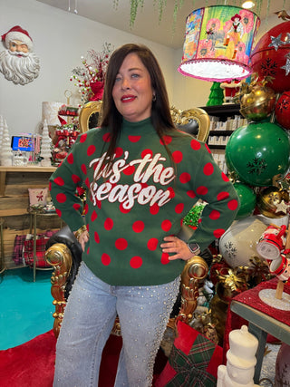 QOS Green & Red Polka Dot 'Tis the Season' Turtleneck Sweater - Boutique Bella BellaQueen of Sparkles