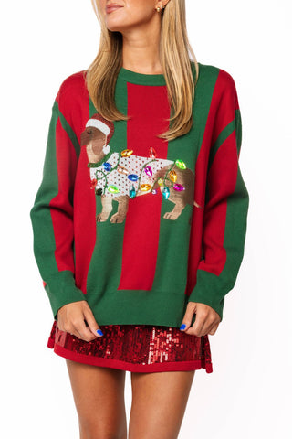 QOS Green & Red Striped Weenie Dog with Lights Sweater - Boutique Bella BellaQueen of Sparkles