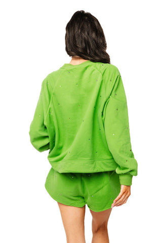 QOS Green Rhinestone QOS Logo Card Pocket Tie Sweatshirt - Boutique Bella BellaQueen of Sparkles