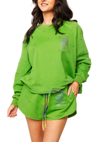 QOS Green Rhinestone QOS Logo Card Pocket Tie Sweatshirt - Boutique Bella BellaQueen of Sparkles