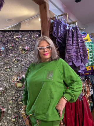 QOS Green Rhinestone QOS Logo Card Pocket Tie Sweatshirt - Boutique Bella BellaQueen of Sparkles