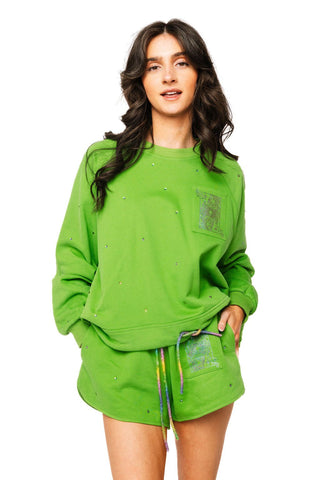 QOS Green Rhinestone QOS Logo Card Pocket Tie Sweatshirt - Boutique Bella BellaQueen of Sparkles
