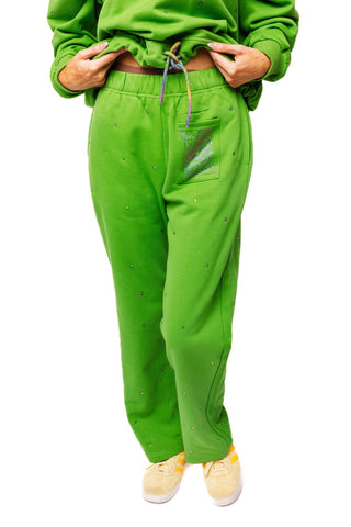 QOS Green Rhinestone QOS Logo Card Sweat Pant - Boutique Bella BellaQueen of Sparkles