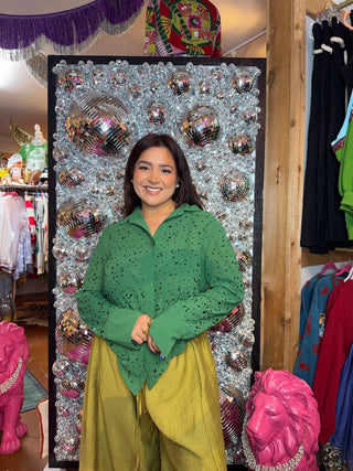 QOS Green Rhinestone Sheer Button Up Top - Boutique Bella BellaQueen of Sparkles