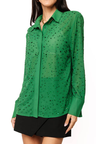 QOS Green Rhinestone Sheer Button Up Top - Boutique Bella BellaQueen of Sparkles