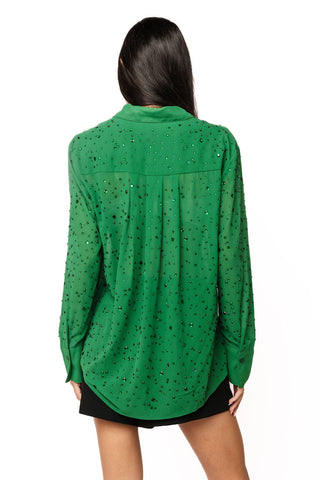 QOS Green Rhinestone Sheer Button Up Top - Boutique Bella BellaQueen of Sparkles
