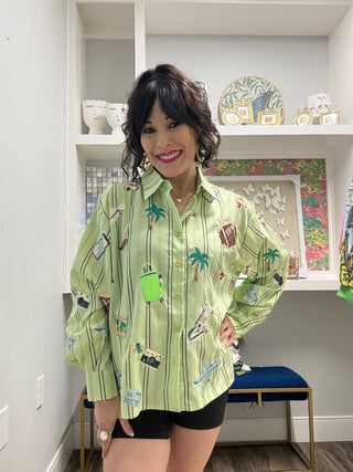 QOS Green Stiped Travel Icon Button Up Long Sleeve Top - Boutique Bella BellaTOP