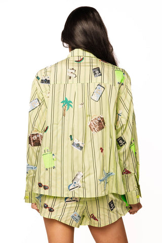QOS Green Stiped Travel Icon Button Up Long Sleeve Top - Boutique Bella BellaTOP