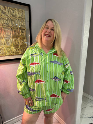 QOS Green Striped Multi Fish Button Up Top - Boutique Bella BellaTops