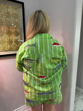 QOS Green Striped Multi Fish Button Up Top - Boutique Bella BellaTops