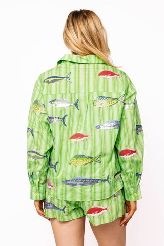 QOS Green Striped Multi Fish Button Up Top - Boutique Bella BellaTops