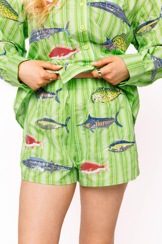 QOS Green Striped Multi Fish Shorts - Boutique Bella Bellashorts