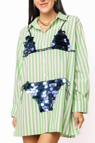 QOS Green Striped Navy Paillette Bikini Tunic - Boutique Bella BellaQueen of Sparkles
