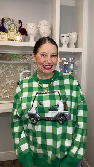 QOS Green & White Checkered Golf Cart Sweater - Boutique Bella BellaQueen of Sparkles