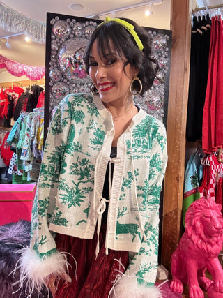 QOS Green & White Christmas Twall Feather Sleeve Sweater - Boutique Bella BellaQueen of Sparkles